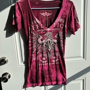 Excellent condition women’s Affliction short sleeve pink & white tee